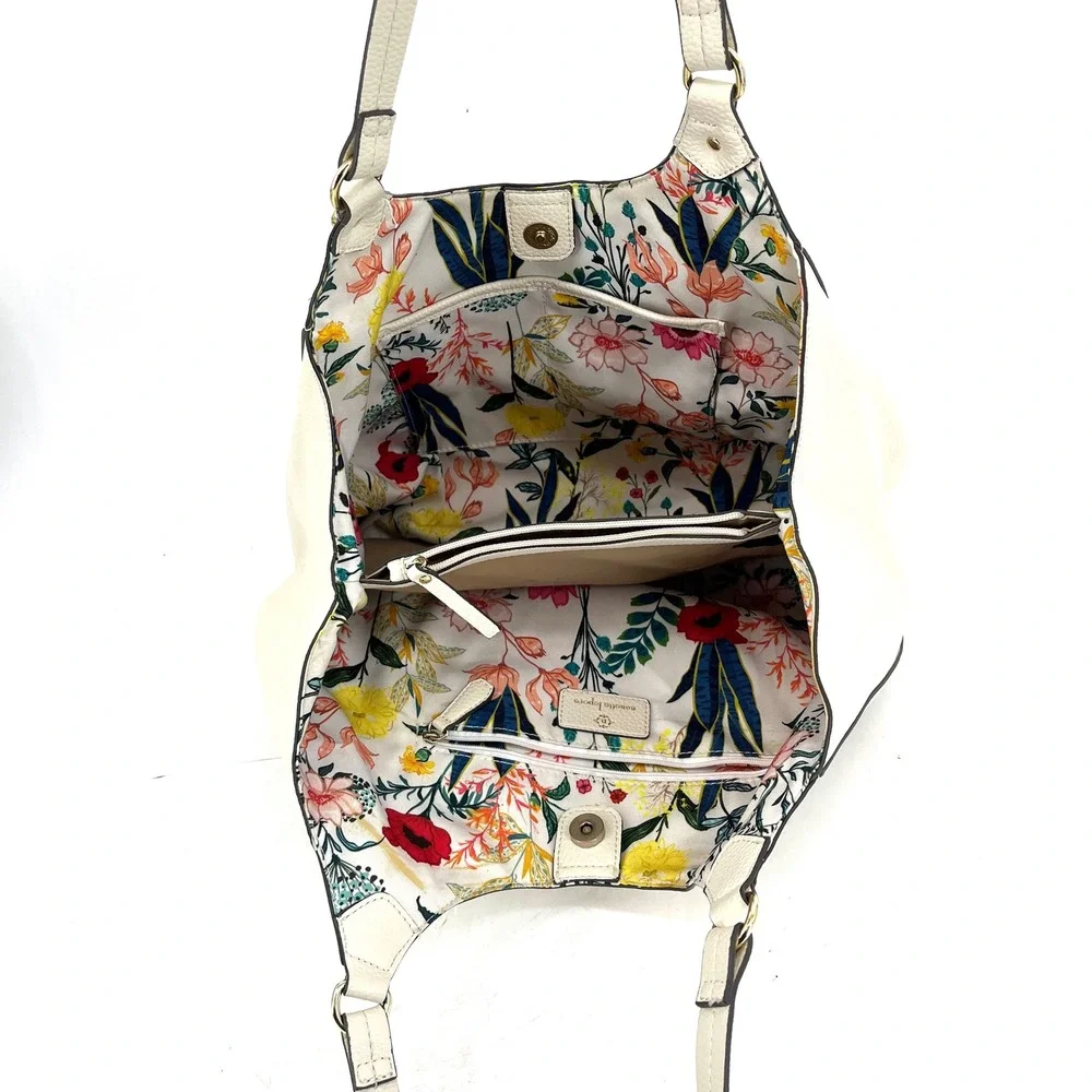 Nanette Lepore Cream Pebbled Leather Floral Lined Tote Bag‎ Shoulder Bag